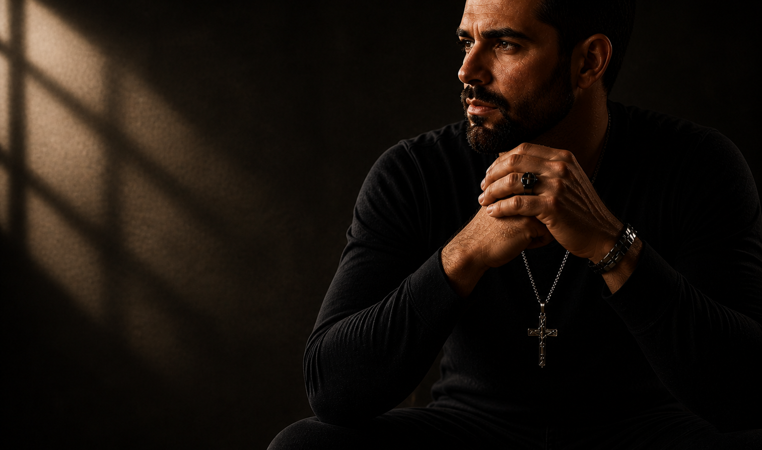Homem com acessorios catolicos, colar, pulseira e anel em ambiente escuro iluminado por uma luz lateral.